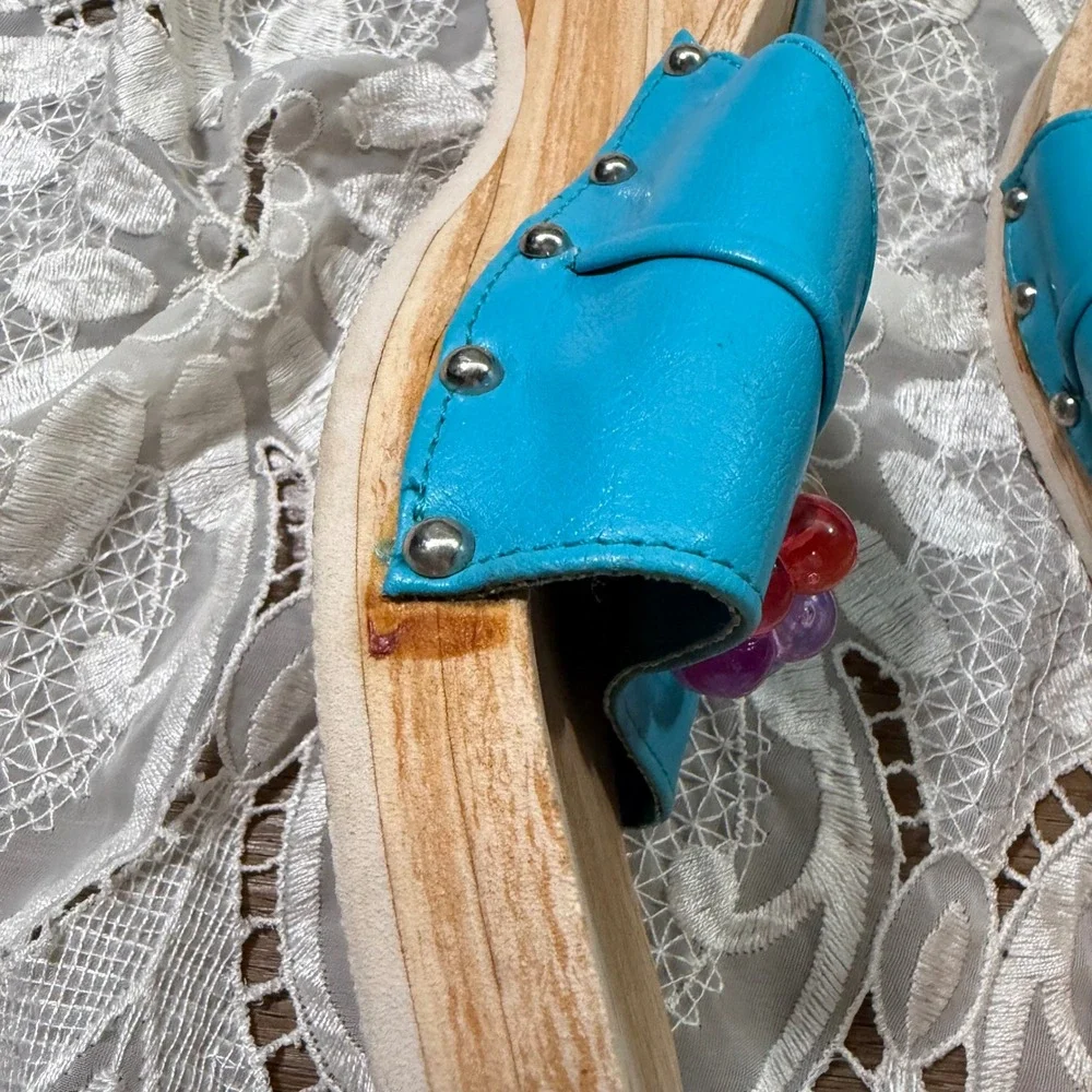 Vintage Y2K Teal Blue Beaded Wooden Platform Wedge Slide SandalsL 9-10